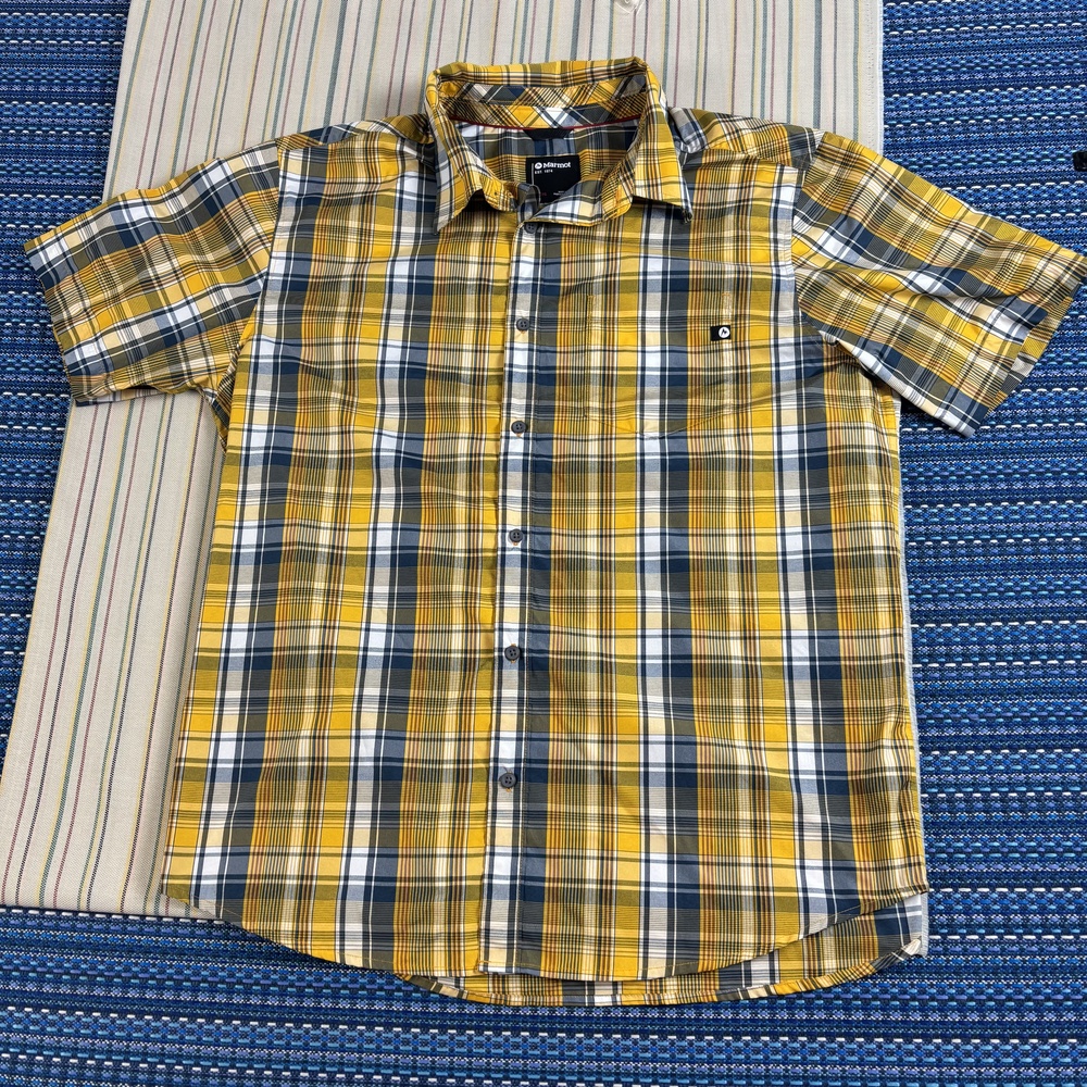 Marmot Shirt Mens XL Yellow Plaid Short Sleeve Button Front Outdoor Casual EC